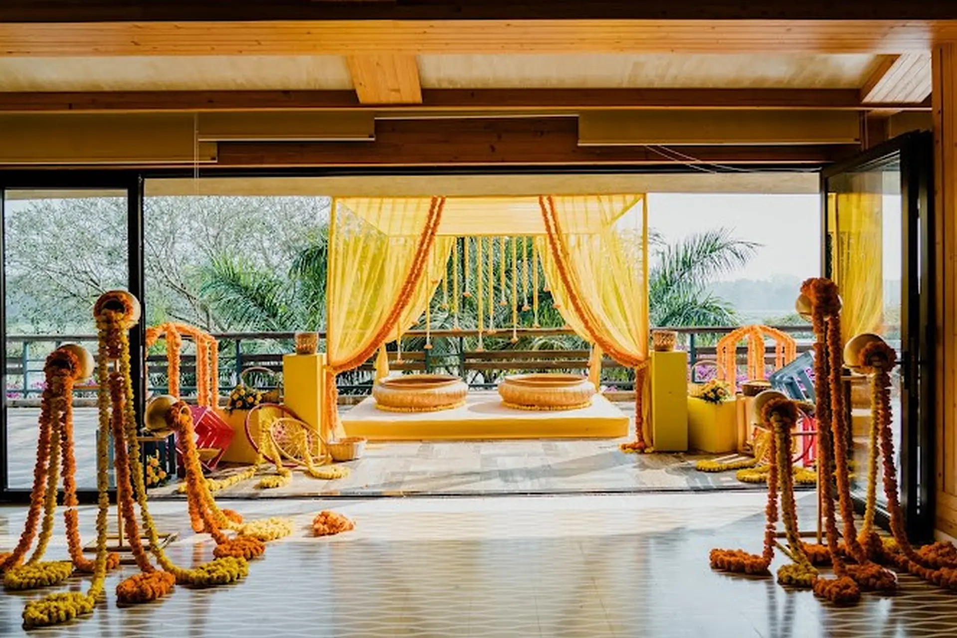 Floral Backdrop Haldi Decor by Royal Gala Weddings