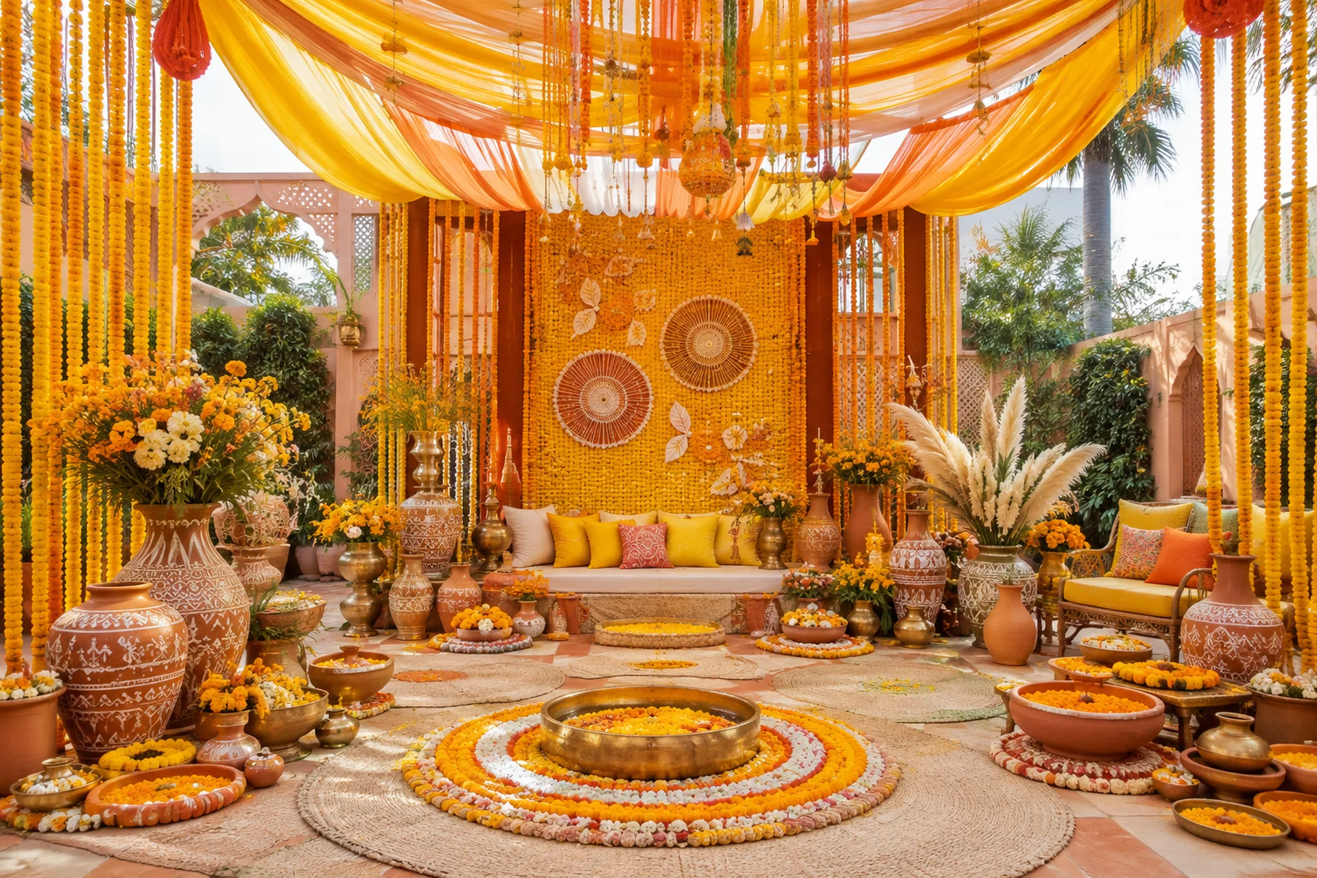 Marigold and terracotta haldi mehndi decor 2027 Indian wedding daytime function