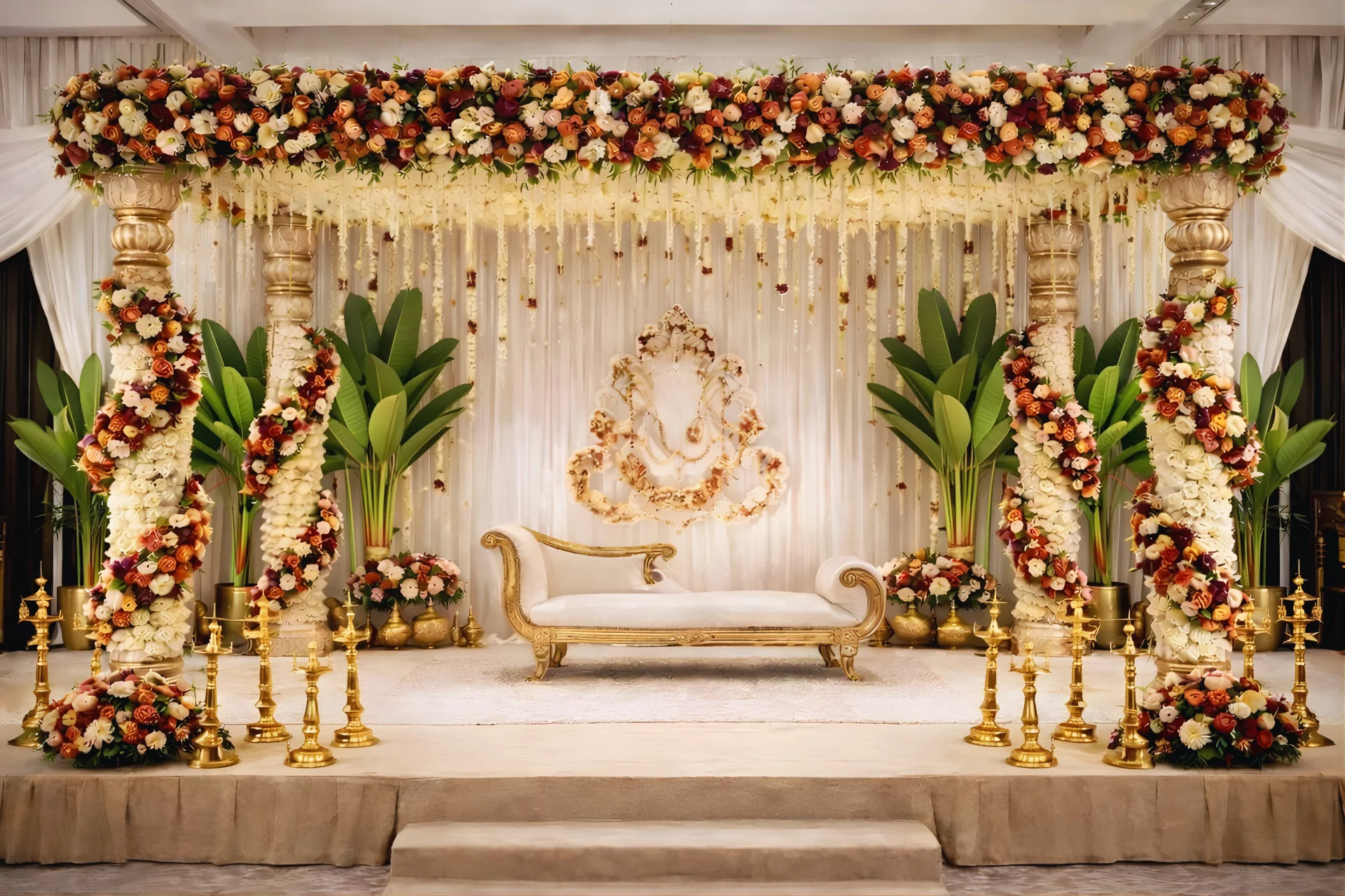Indian wedding couple reviewing floral decor contract with decorator in Maharashtra to ensure plastic flower ban compliance