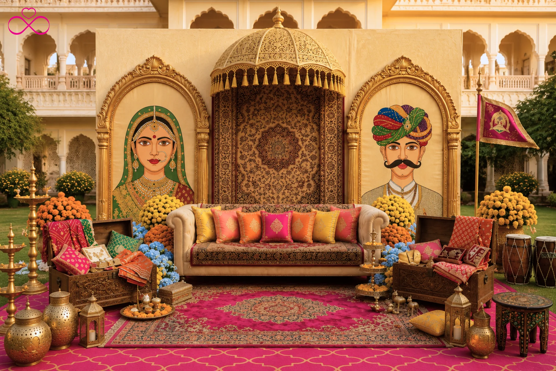 royal Rajasthani durbar Maayra ceremony decor red gold theme 2026
