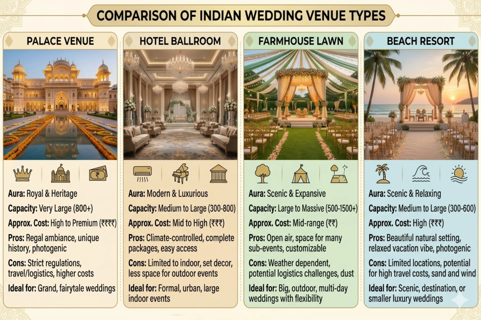 Side-by-side comparison of Indian wedding venue types — palace, hotel ballroom, farmhouse lawn, beach resort