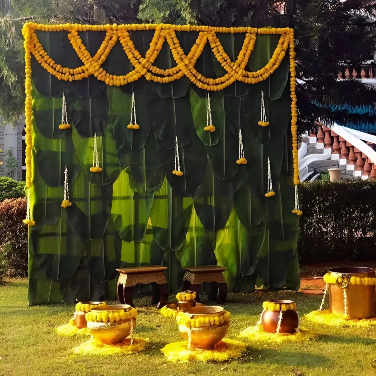 South Indian Haldi ceremony Snanam with banana leaves jasmine and traditional kolam decoration