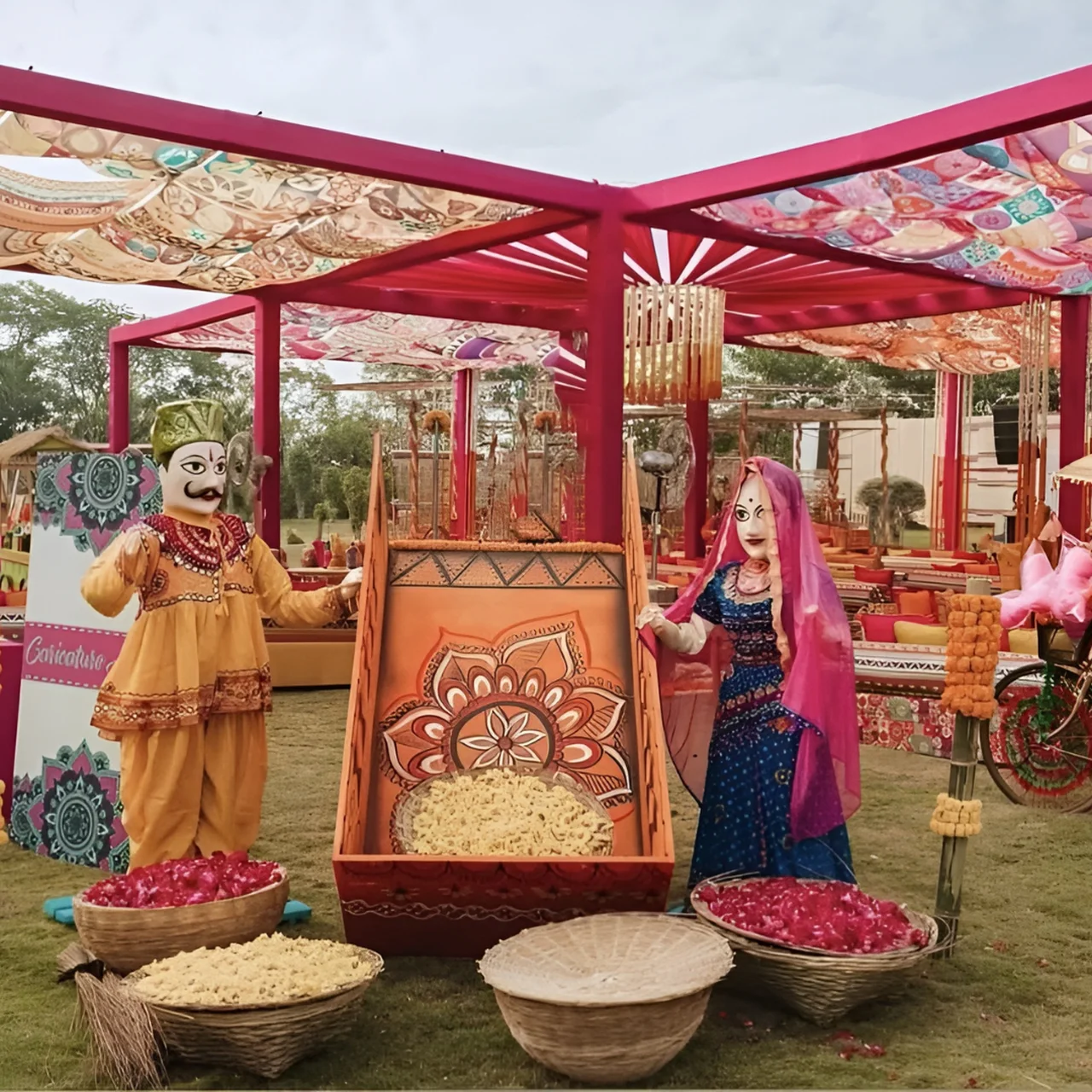 Rajasthani Royal Haldi ceremony with marigold garlands bandhani decor and traditional wedding setup