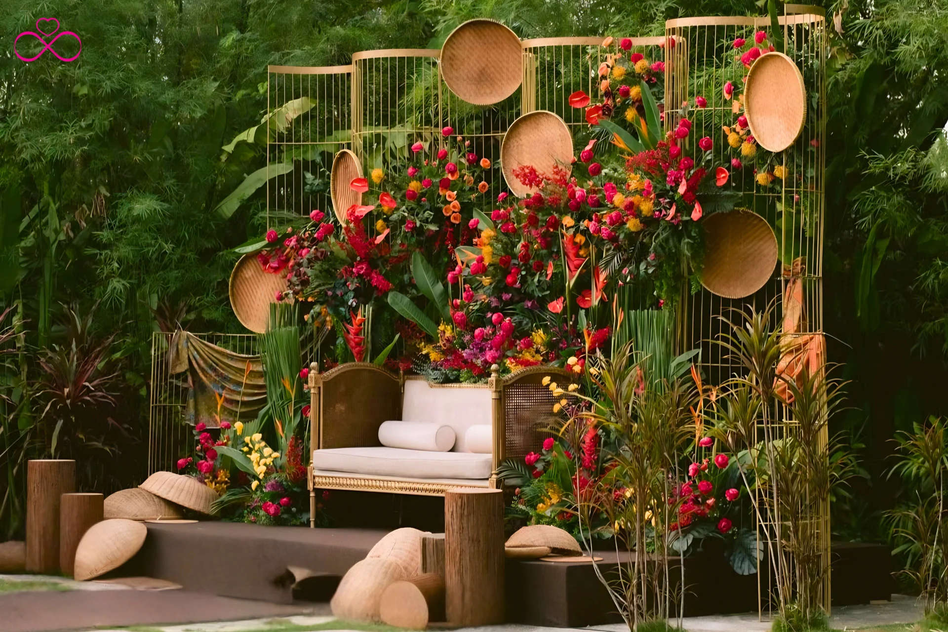 Tropical leaf and bloom mehendi ceremony theme decor 2026 monstera banana leaf Indian wedding