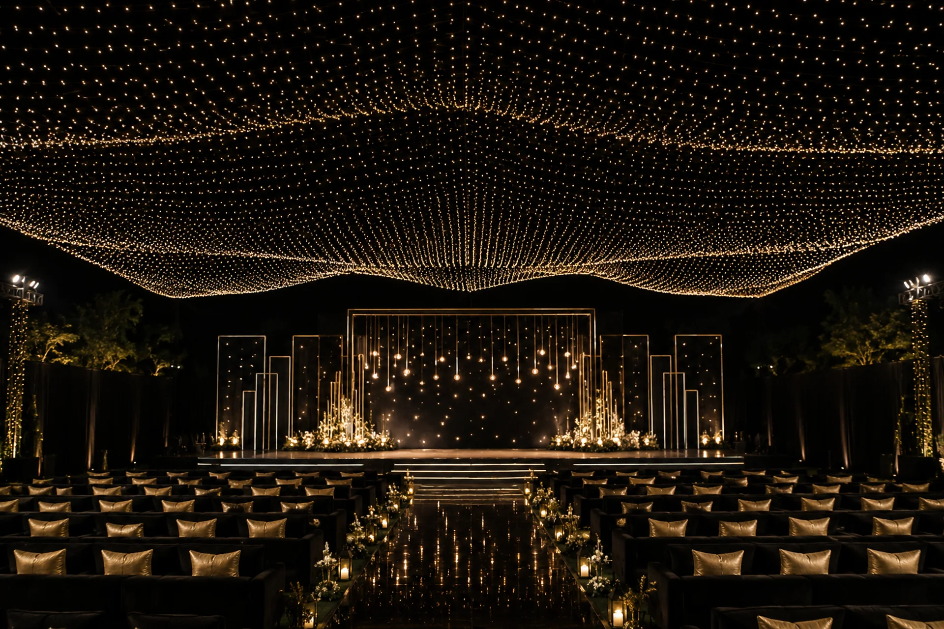 Starry night black and gold sangeet stage decor 2027 Indian wedding evening function
