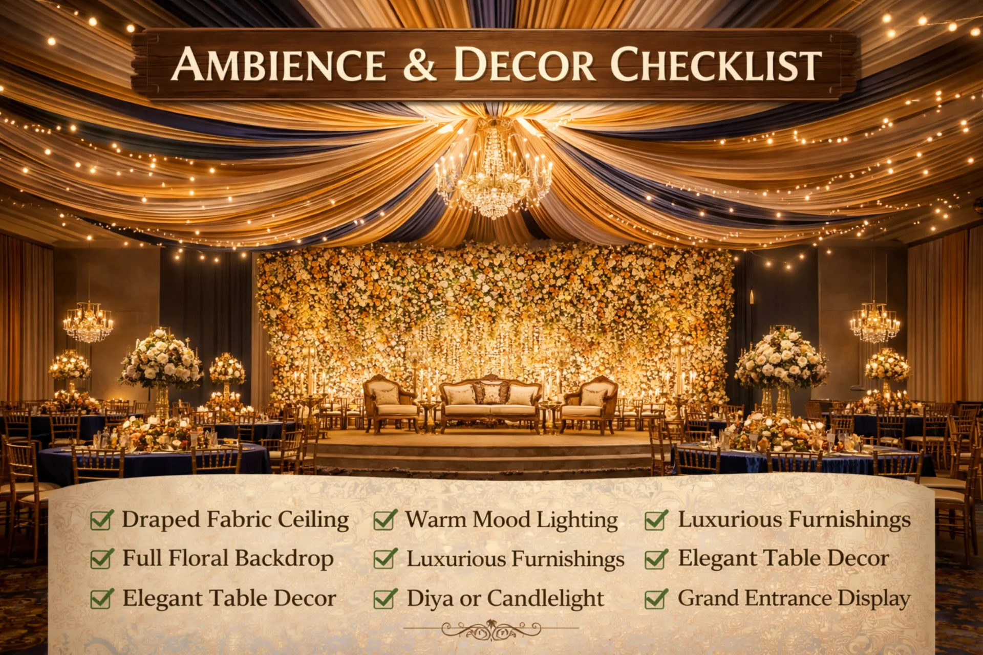 Indian wedding reception hall with draped fabric ceiling, warm mood lighting, and full floral stage backdrop