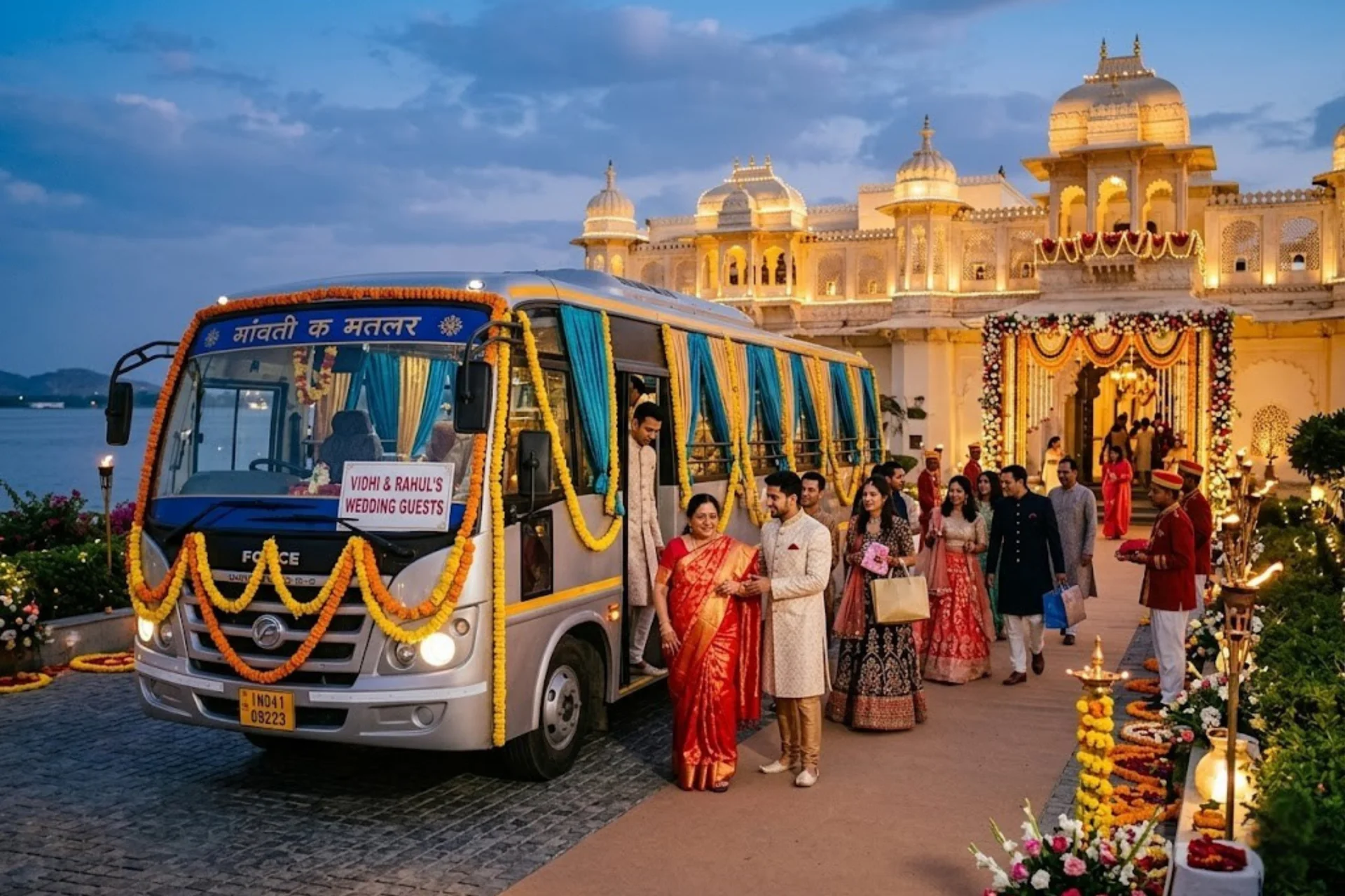 Wedding guests arriving by shuttle at an Indian destination wedding venue in Rajasthan