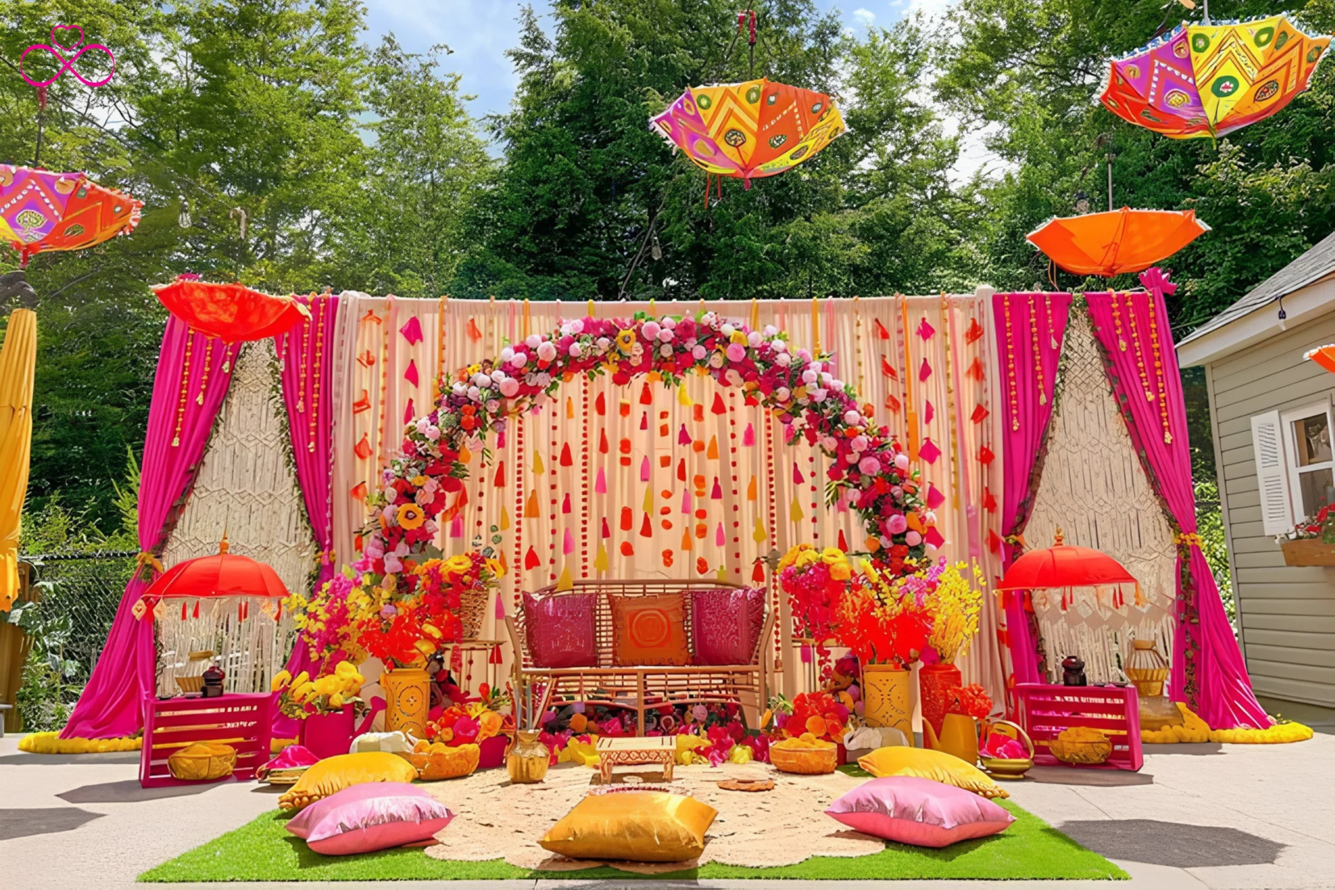 Maximalist Bollywood mehendi ceremony theme decor 2026 colourful mirror work Indian wedding