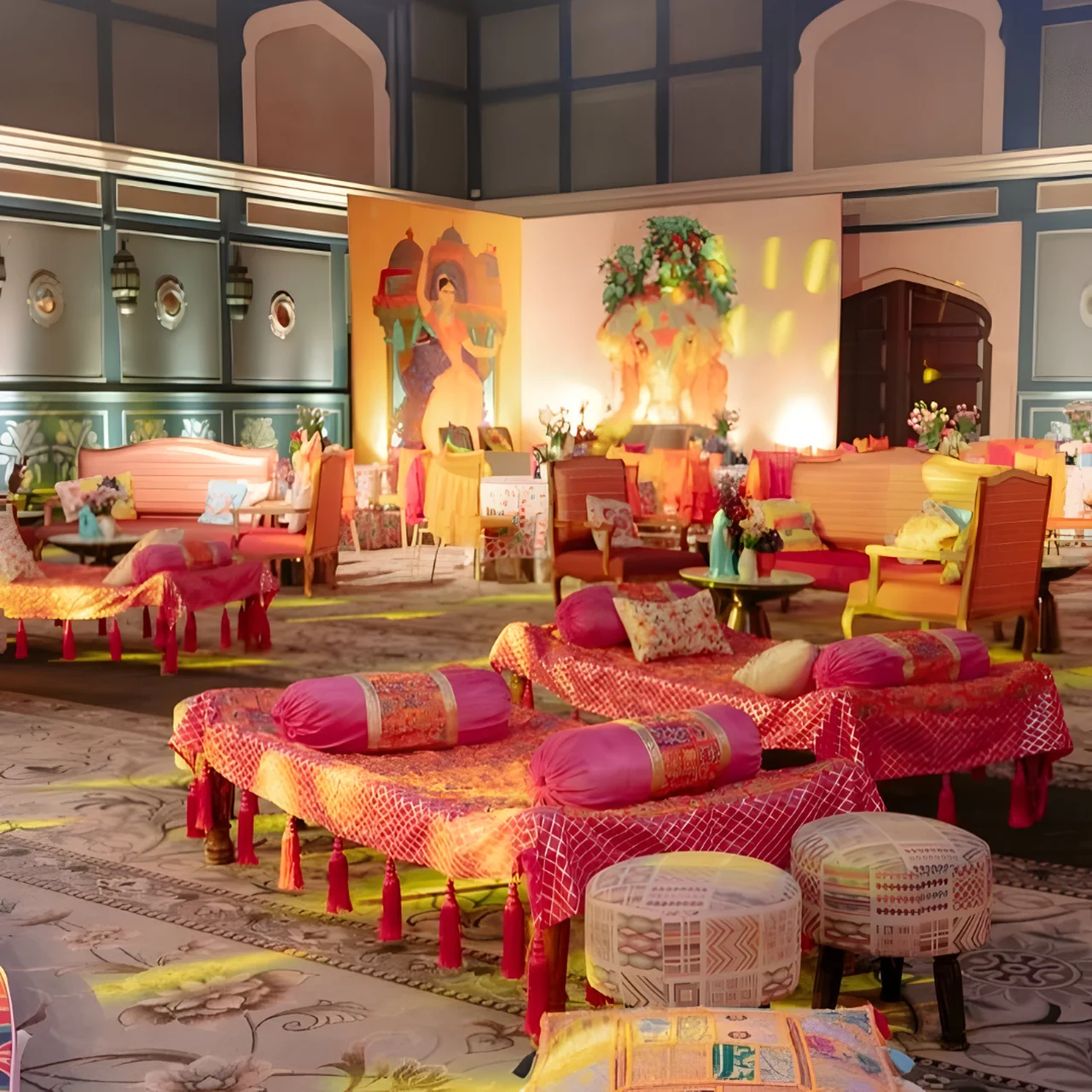 Rajasthani folk night Ghoomar Sangeet Indian wedding Bandhani dhol mirror work décor 2026