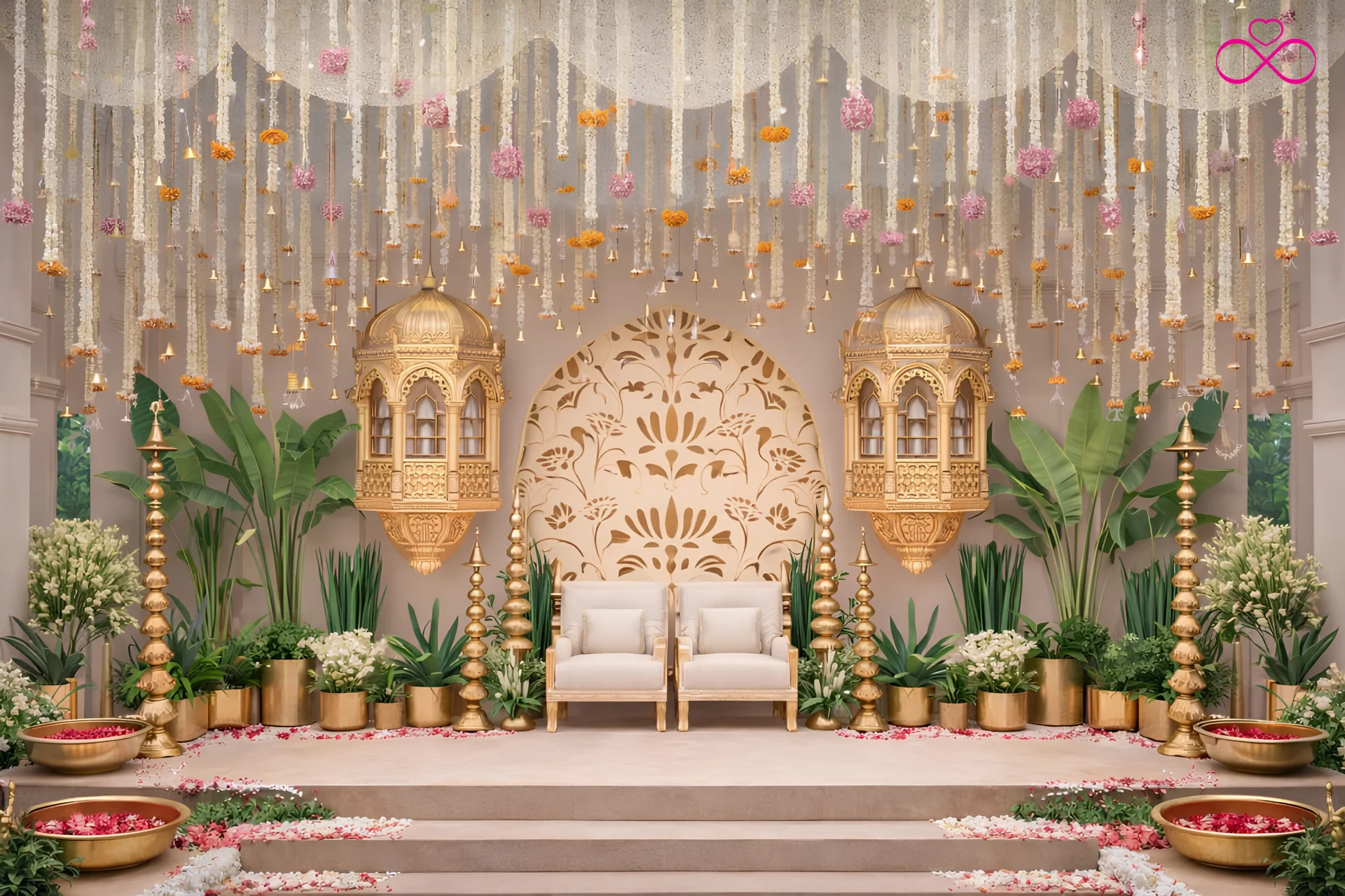 ivory and gold contemporary Maayra decor theme modern wedding 2026