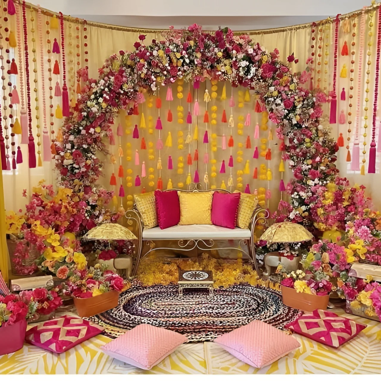 Bengali Gaye Holud Haldi ceremony with traditional decoration shankha diyas and yellow flowers