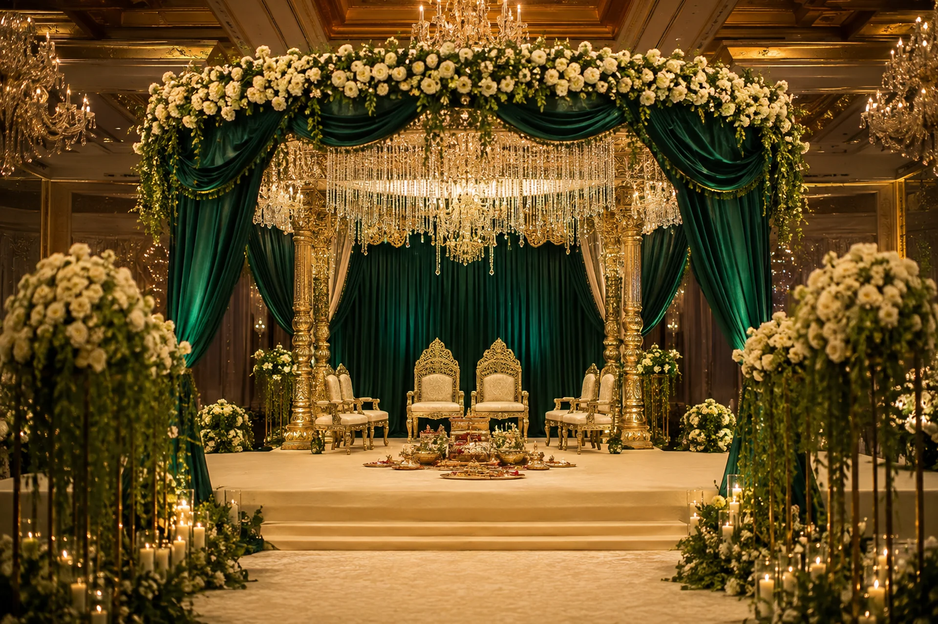 Emerald green and gold jewel tone wedding mandap decor 2027 luxury Indian wedding